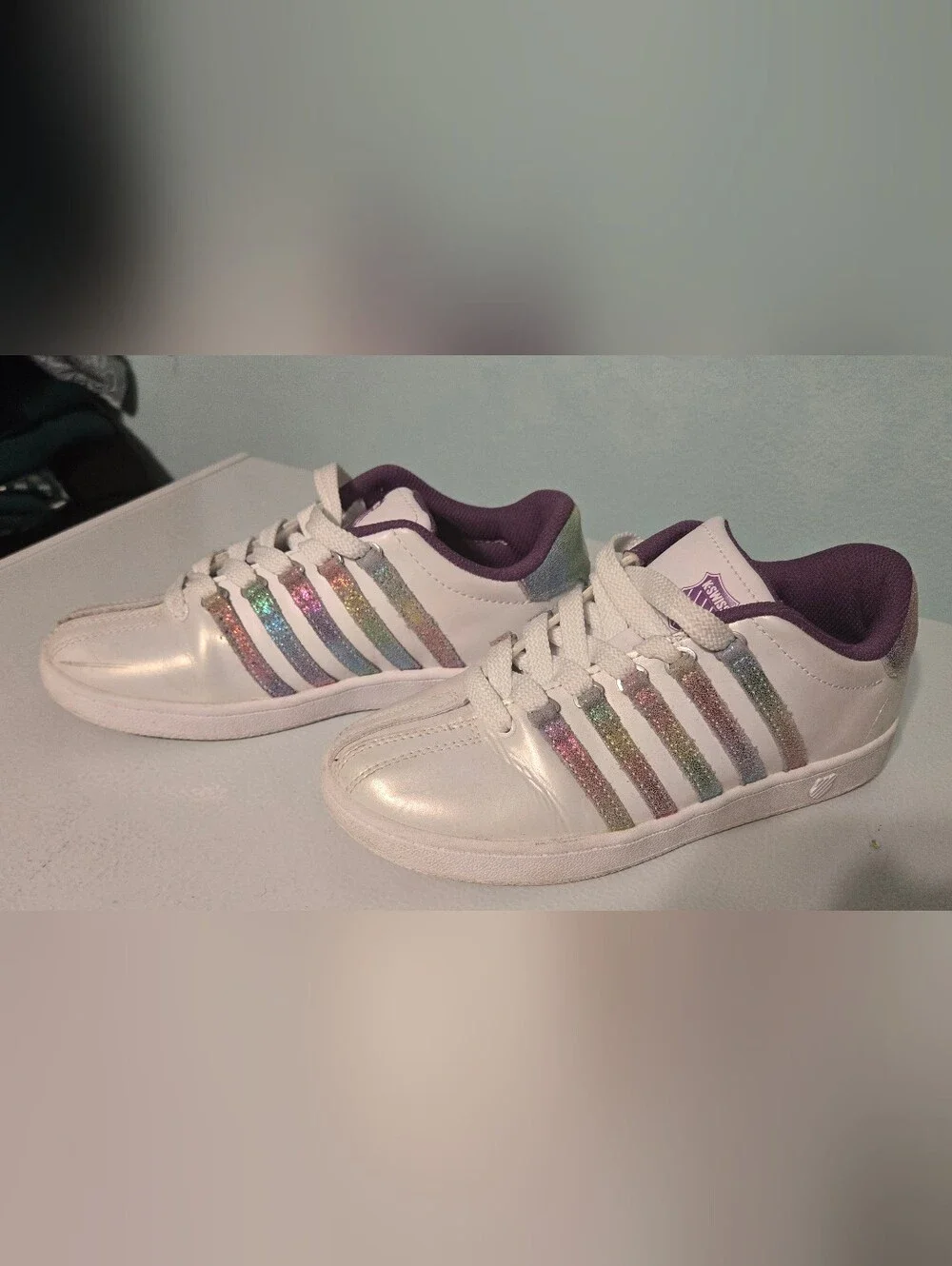 K-Swiss Classic VN White Sneakers, Iridescent Rainbow Stripes & Purple Lining